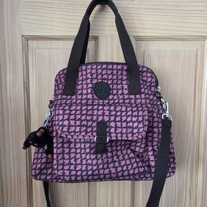 Kipling Pilar Nylon Shoulder Bag Cross Body Purse Purple Balck Tote Monkey Charm